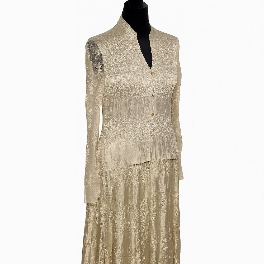 Komarov Champagne Satin & Lace Two-Piece Skirt Set – Top (L), Skirt (M)